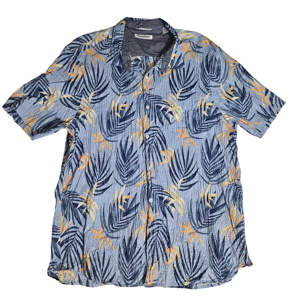 Tommy Bahama Mens 3XL Tall Blue Seersucker Tropical Palm Short Sleeve Shirt